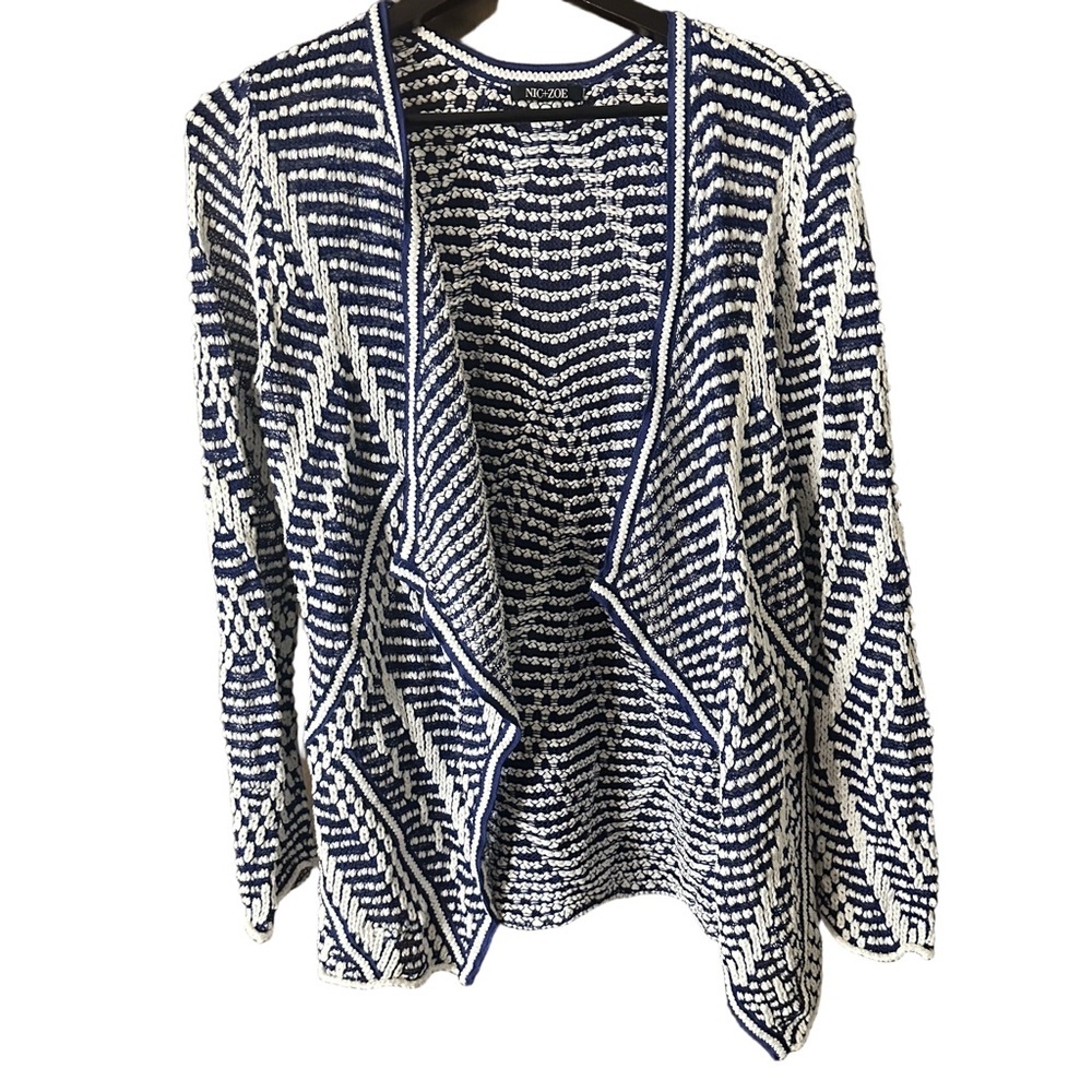 Nic and Zoe Open Front Cardigan Lightweight Navy White Geometric Texture Sz L